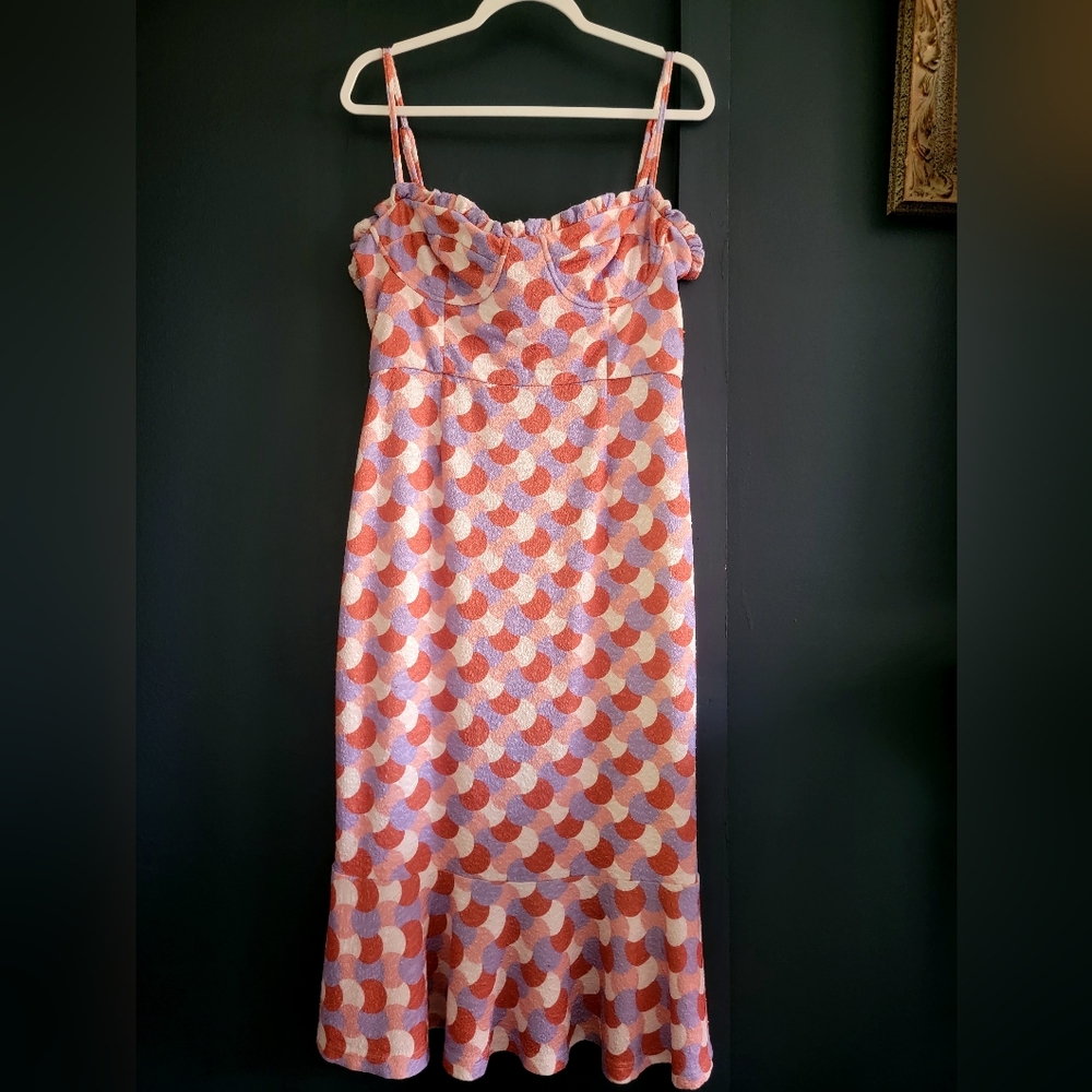 Slate & Willow Pink Polka Bustier Sweetheart Neckline Sleeveless Midi Dress Larg